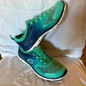 Excellent Condition, SZ 7, SKECHERS, Aqua & Navy Ombre, Pull On Sneakers